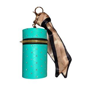 Turquoise Quilted Keychain Bag Charm Zip Around Pouch Scarf & Rhinestones  NWT